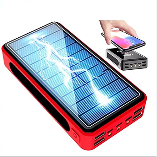 Cargador Solar, 50000Mah Power Bank Portátil Inalámbrico con 4 Outputs Power Bank con USB C Carga Rápida para iPhone, iPad, Samsung,Rojo